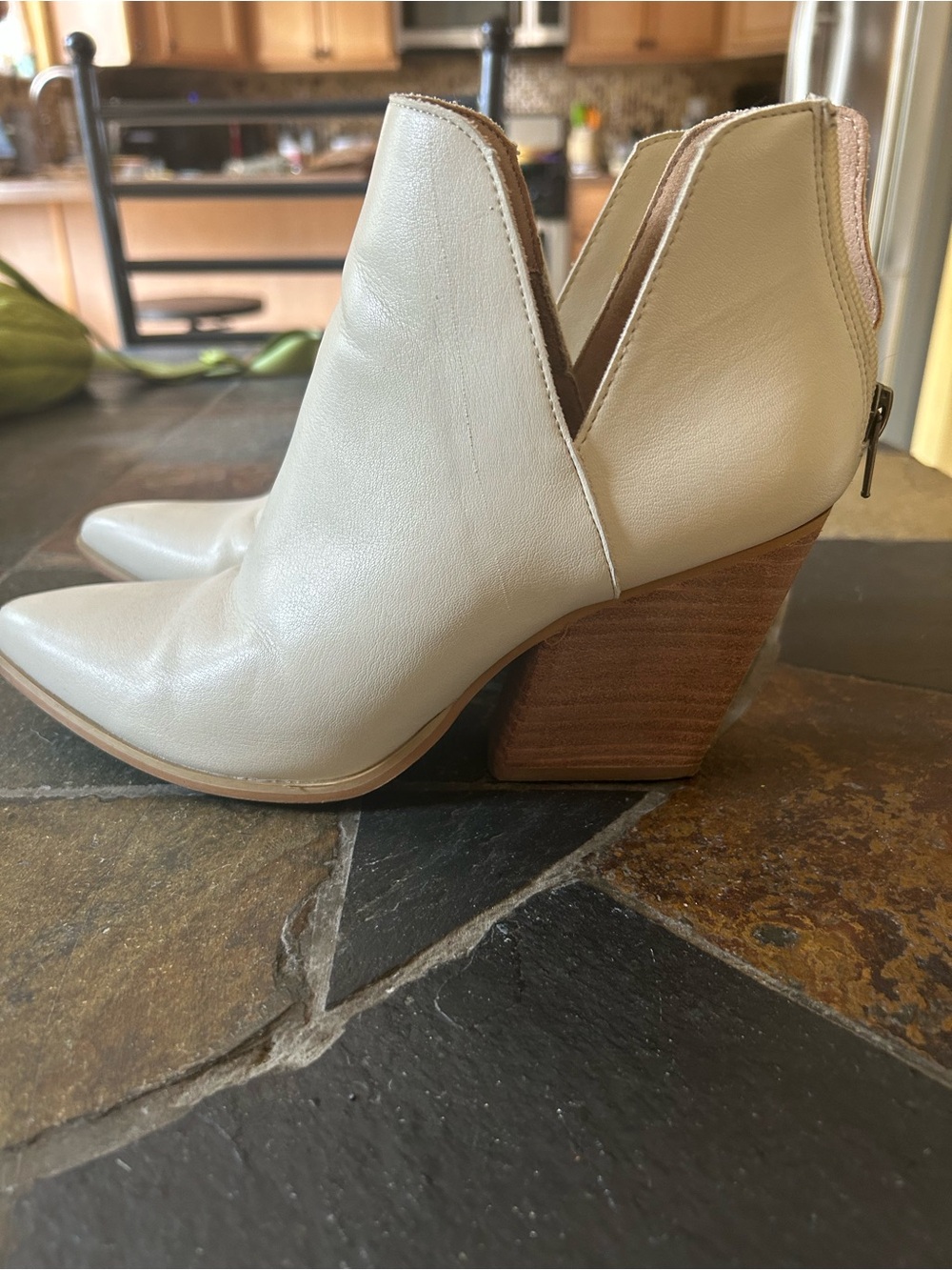 Mi.iM Cream Pointed Ankle Booties with Stacked Wood Heel